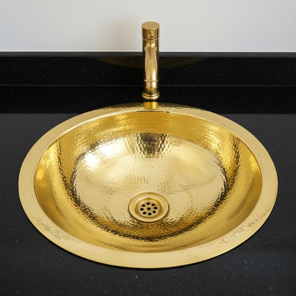 Gold sink with faucet on a black countertop
