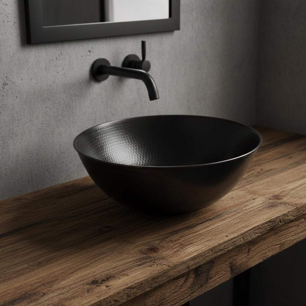 Black sink on a wooden countertop with a wall-mounted faucet in a bathroom setting.