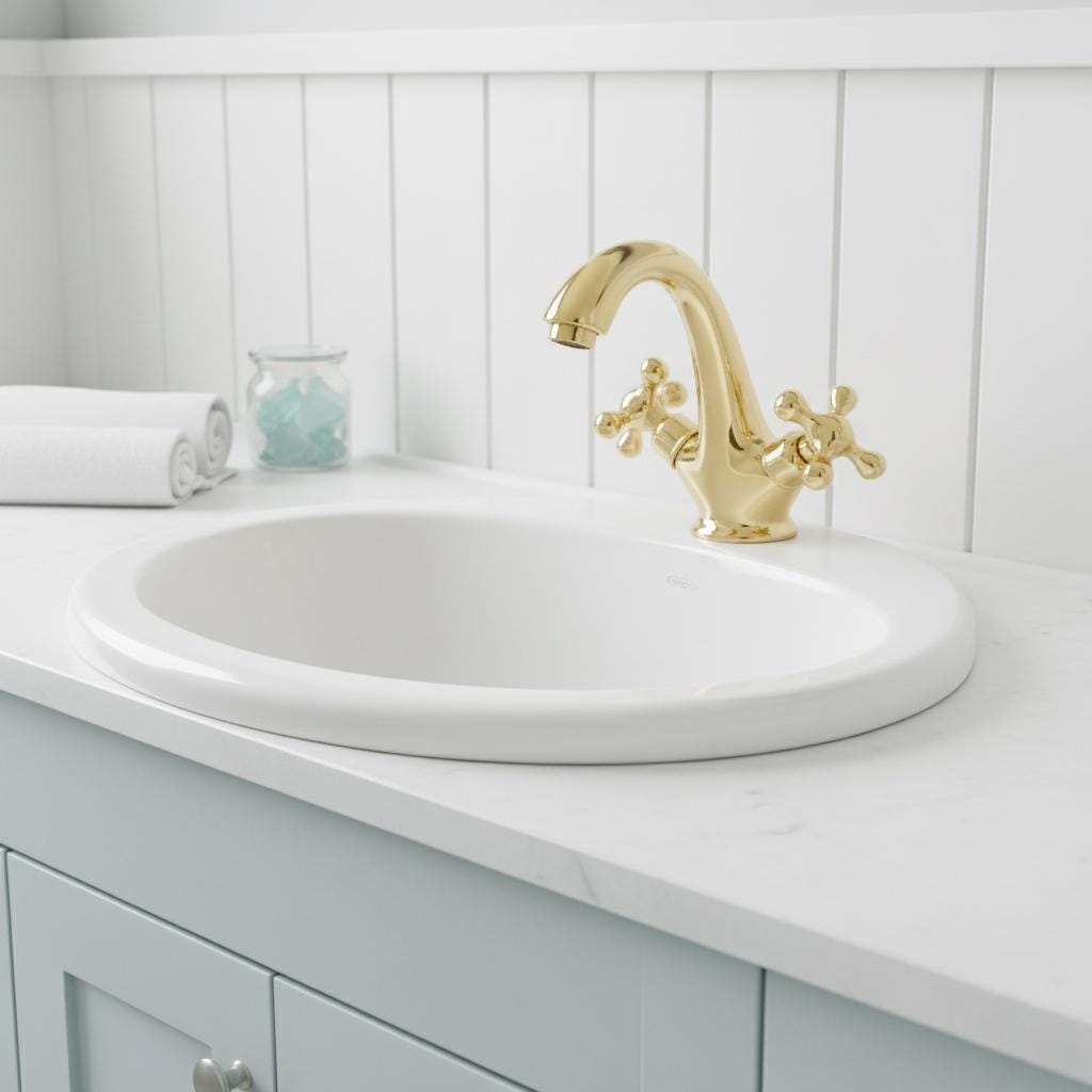 Gold faucet on a sink with a brick wall background
