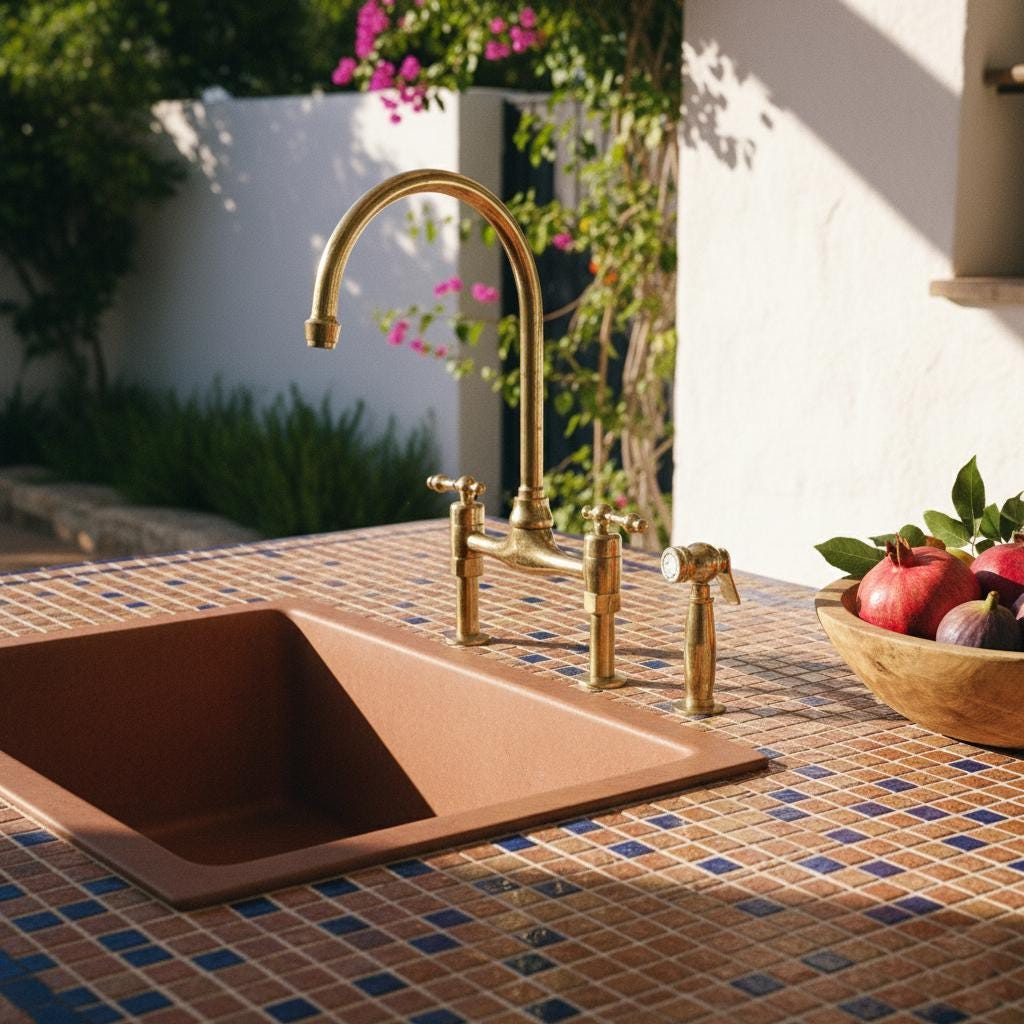 Outdoor kitchen sink with gold faucet on a tiled surface, surrounded by plants and fruit.