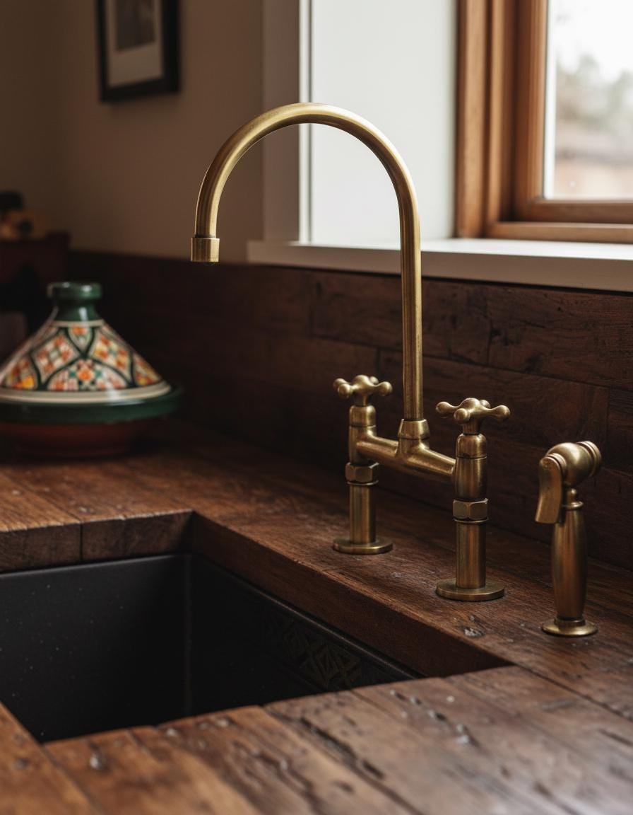 Brass kitchen faucet and handles on a wooden countertop with a window in the background.