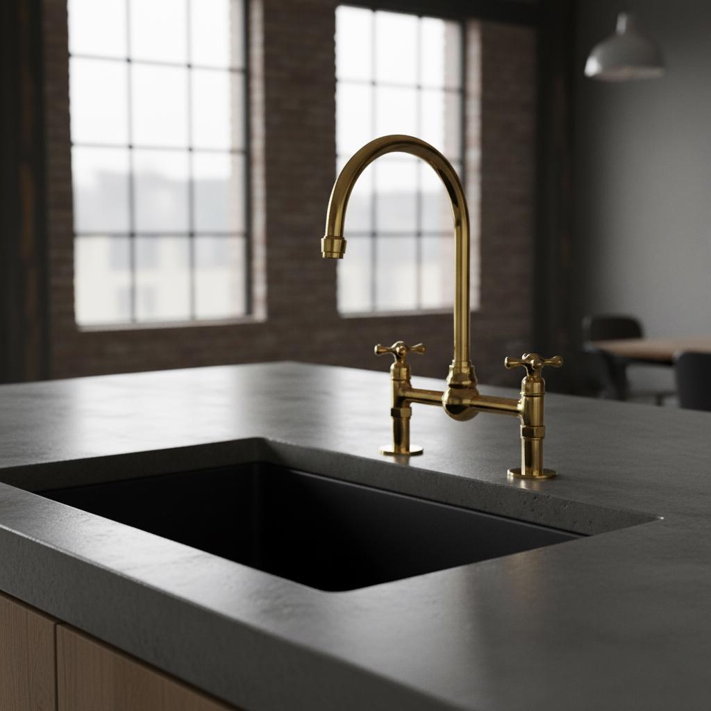 Gold kitchen faucet on a dark countertop with a blurred background