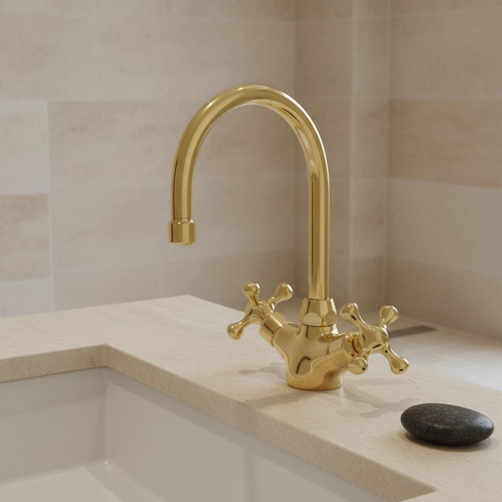 Gold kitchen faucet on a beige countertop with a neutral wall background