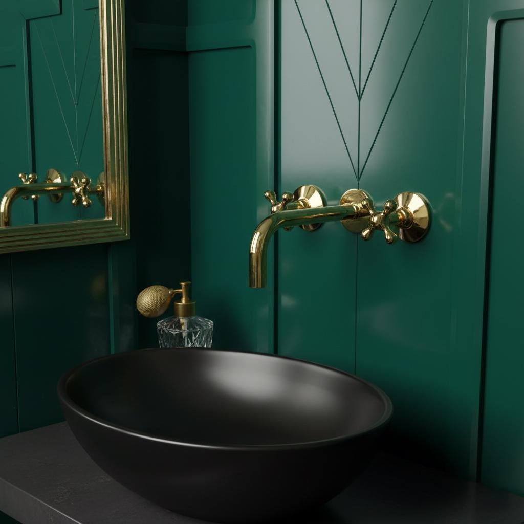 Bathroom with green tiles, black sink, and gold fixtures