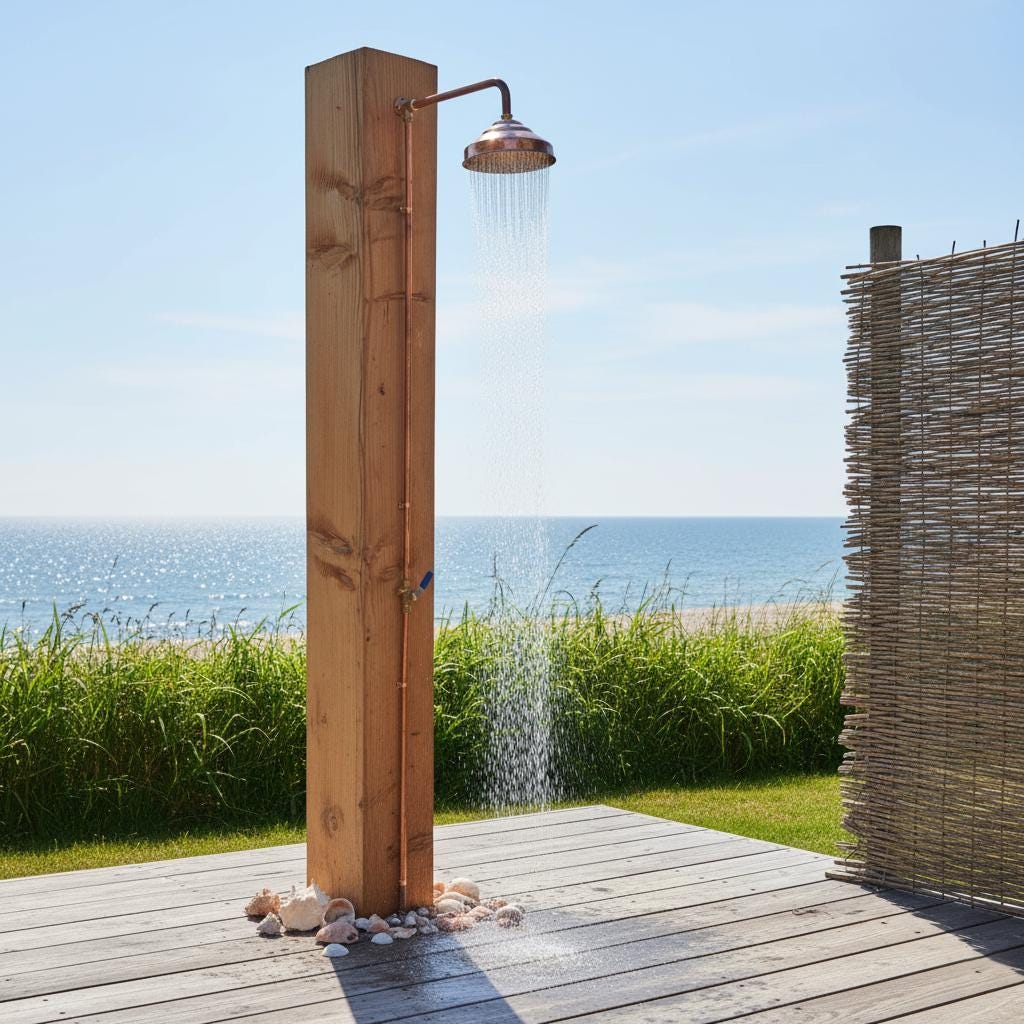 Outdoor shower with wooden enclosure and ocean view