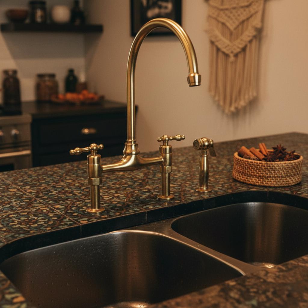 Gold faucet and handles on a kitchen sink with a textured countertop.