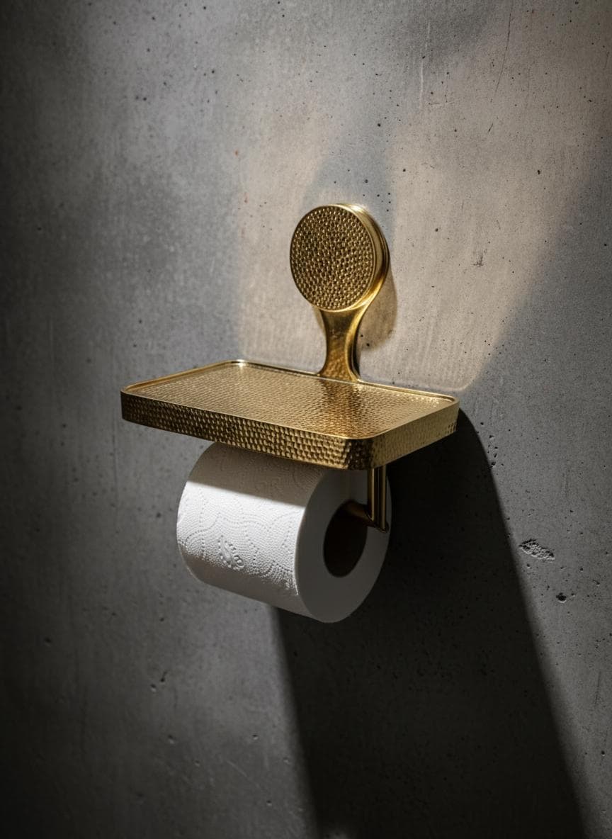 Gold toilet paper holder with a red lipstick and gold mirror on a blue background