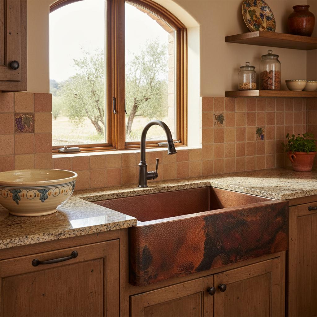 Kitchen with a copper sink, wooden cabinets, and a window view of trees.