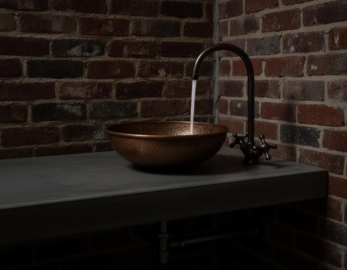 Bronze sink with faucet against a brick wall