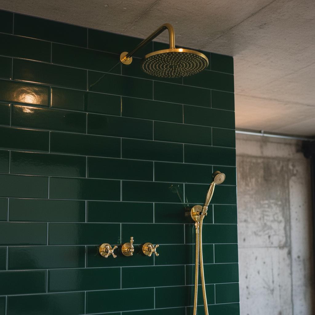Gold shower head and fixtures on a green tiled wall