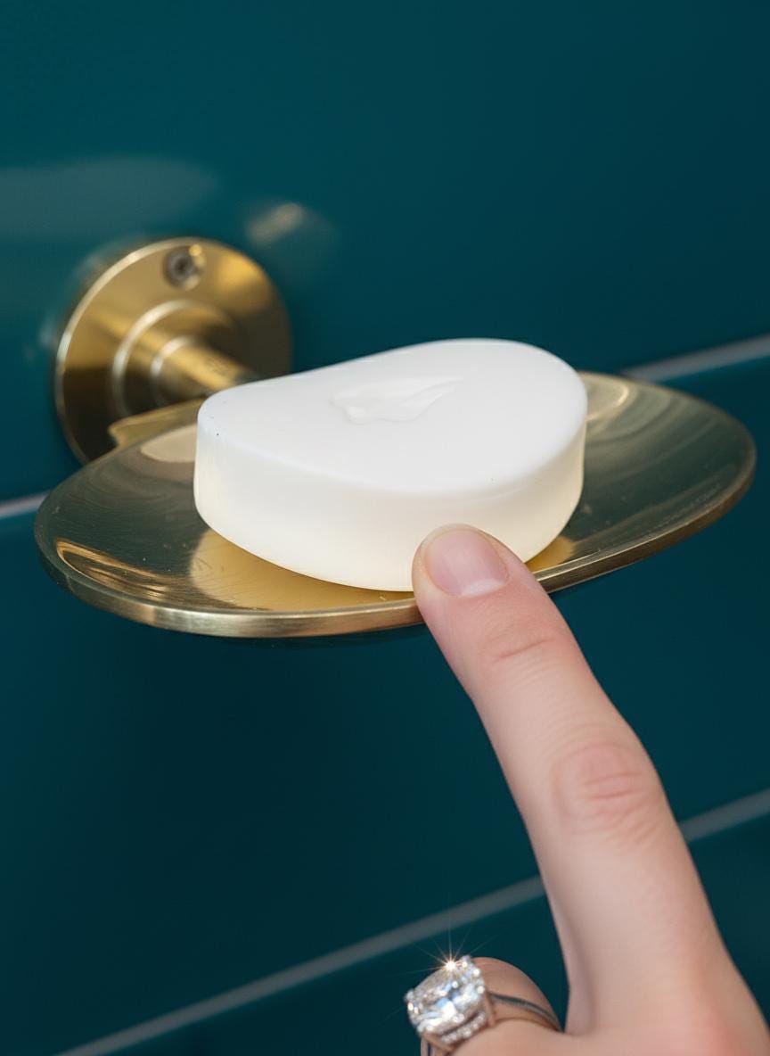 Hand holding a bar of soap over a gold soap dish against a blue tiled wall.