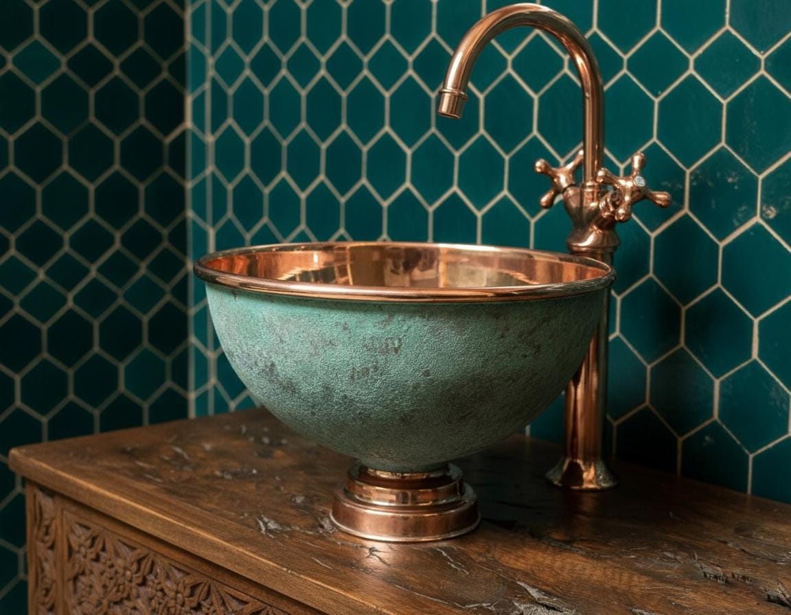 Bronze sink with faucet against a teal tiled wall