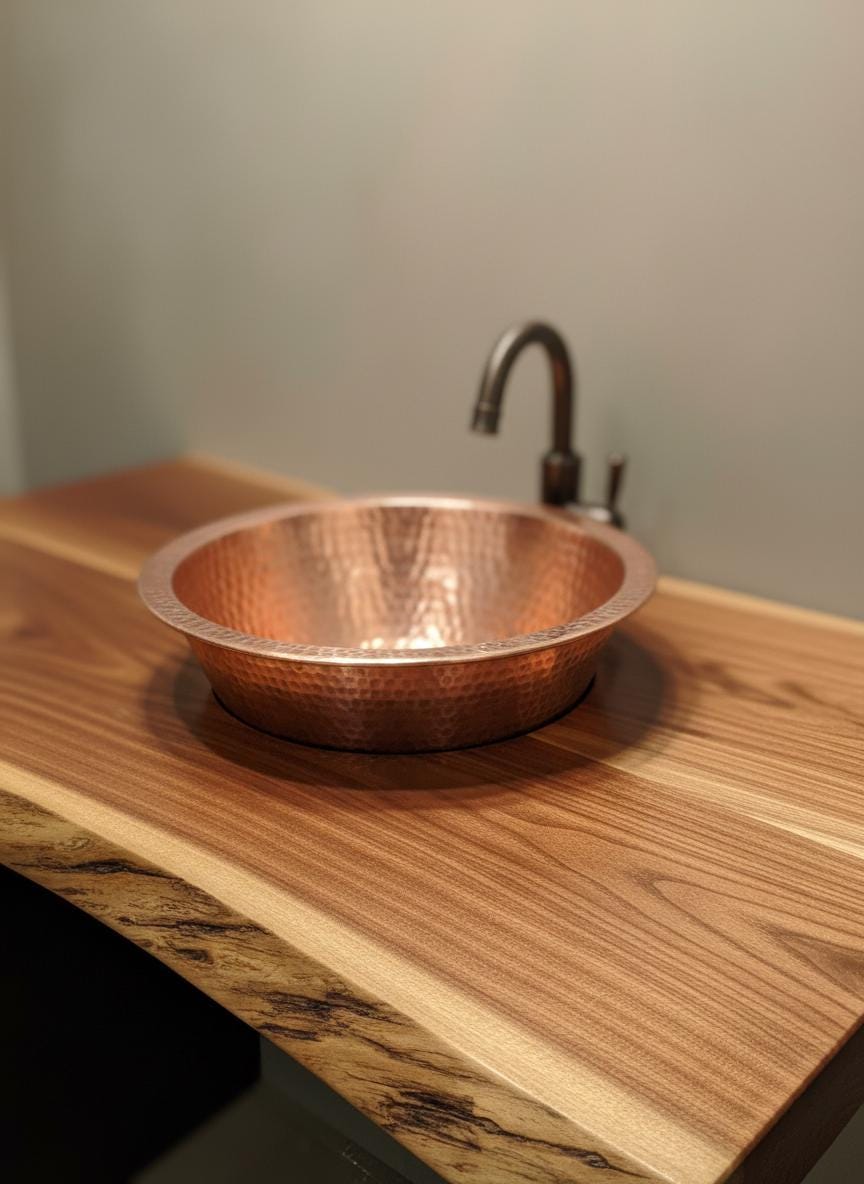 Copper sink on a wooden countertop with a blurred background