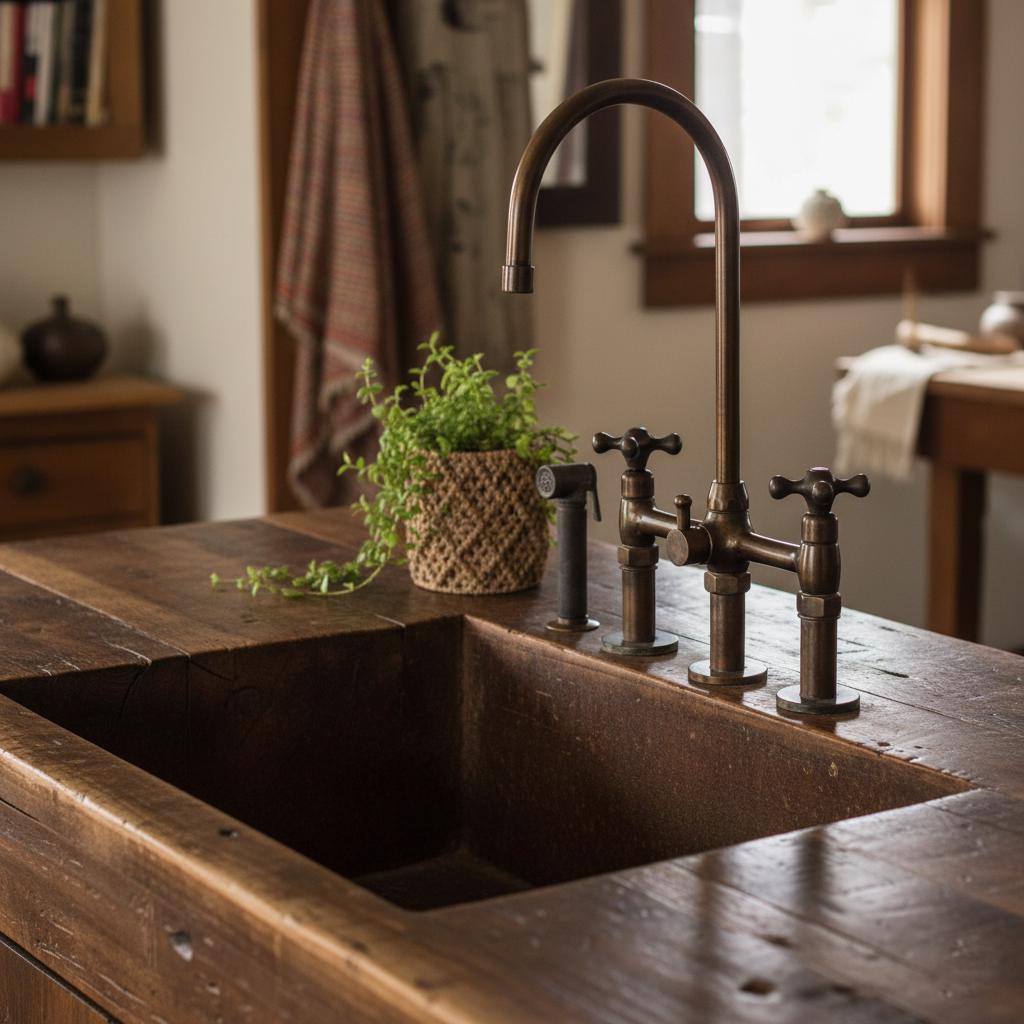 Vintage-style bronze faucet on a wooden kitchen sink with a plant and towel in the background.
