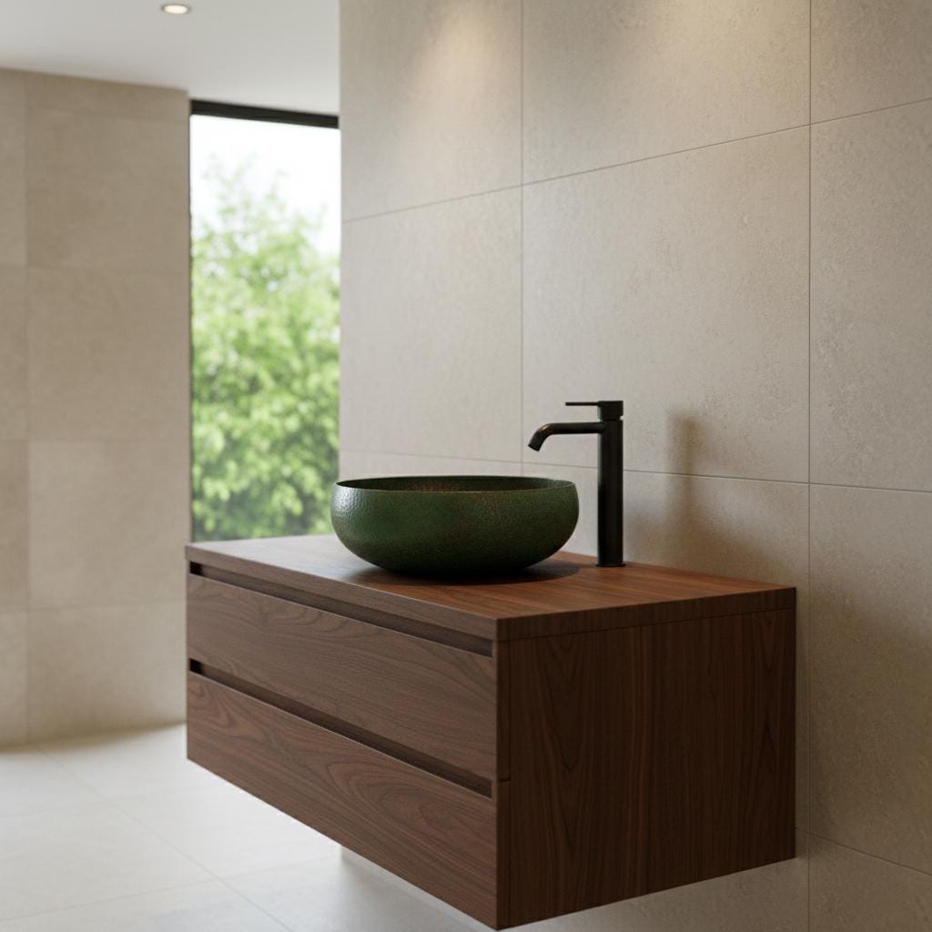 Modern bathroom with wooden vanity, green sink, and black faucet.
