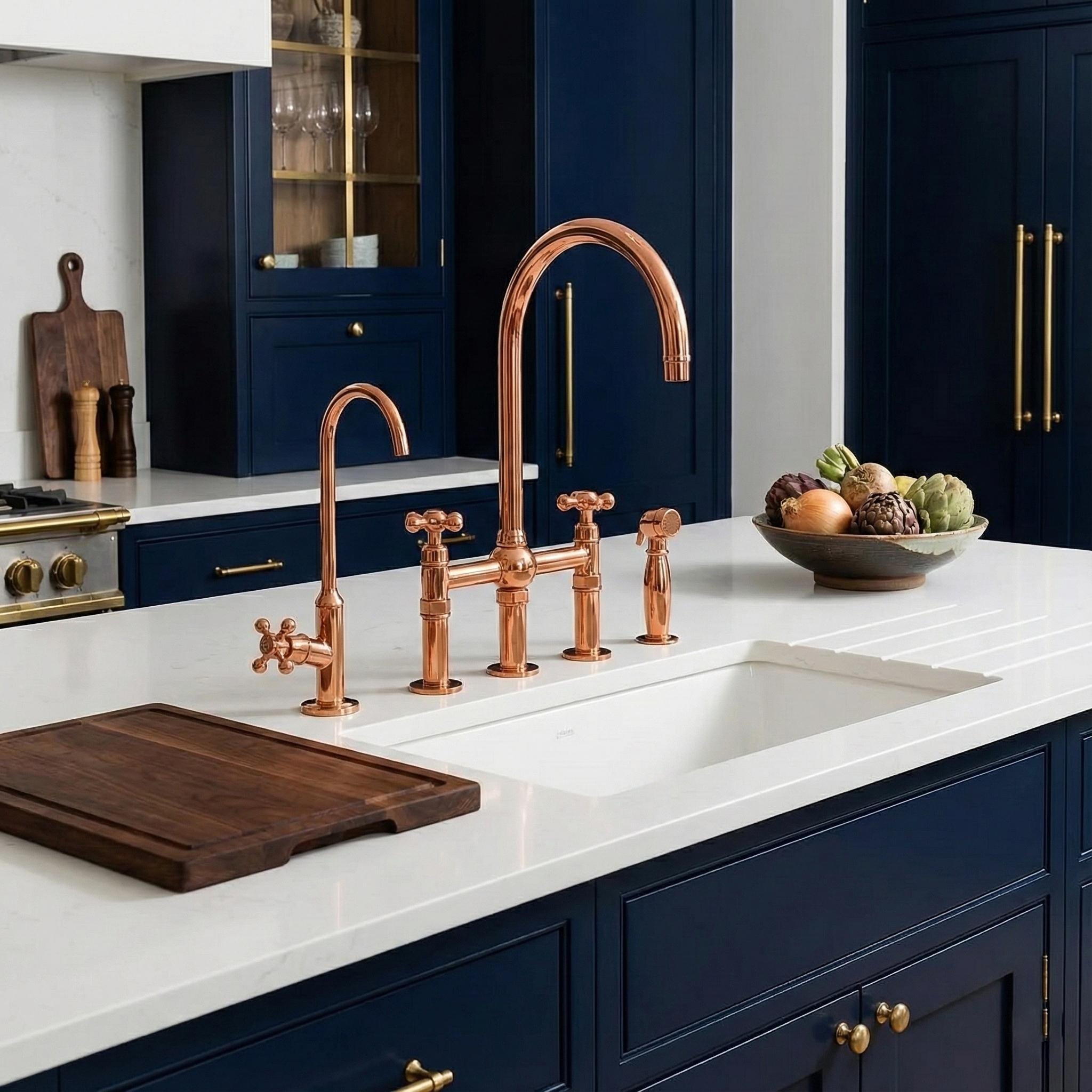 Modern kitchen with copper faucet and white countertop