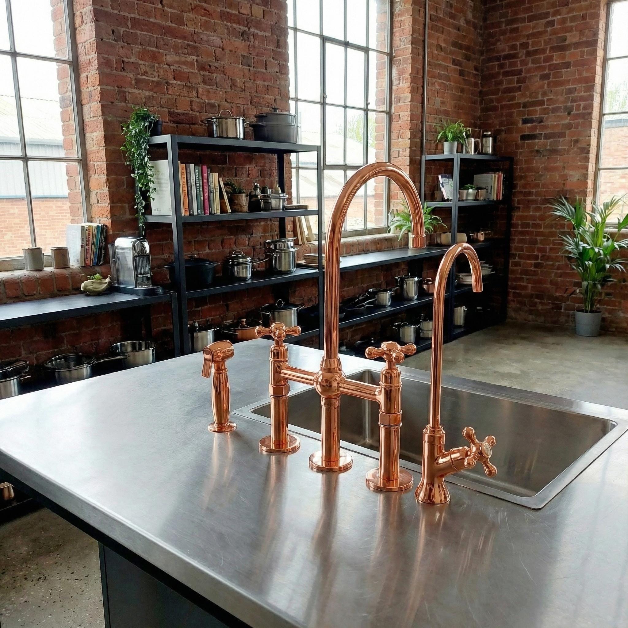 Copper kitchen faucet on a metallic countertop with a brick wall background