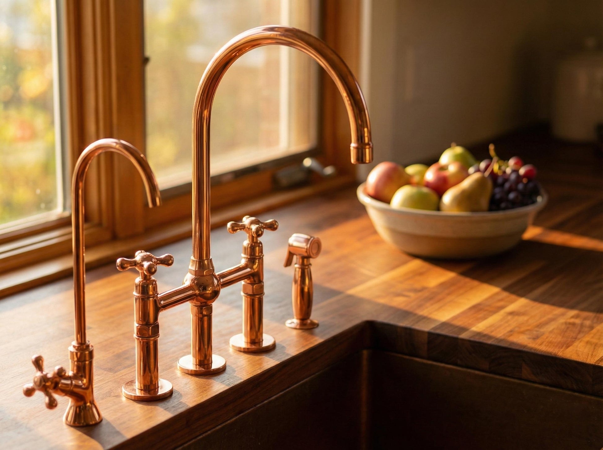 Copper kitchen faucet set on a wooden countertop with a bowl of fruit in the background.