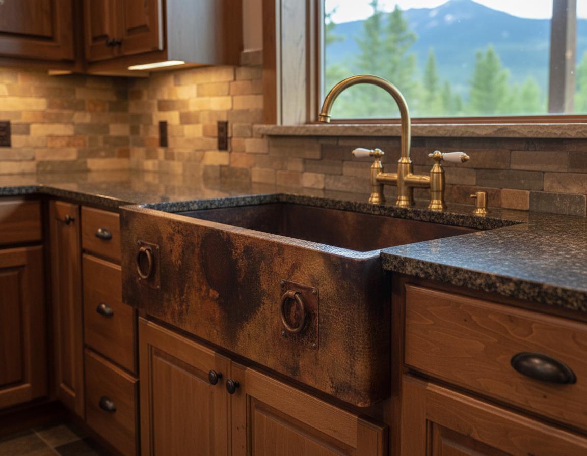 Rustic kitchen sink with wooden cabinets and a mountain view
