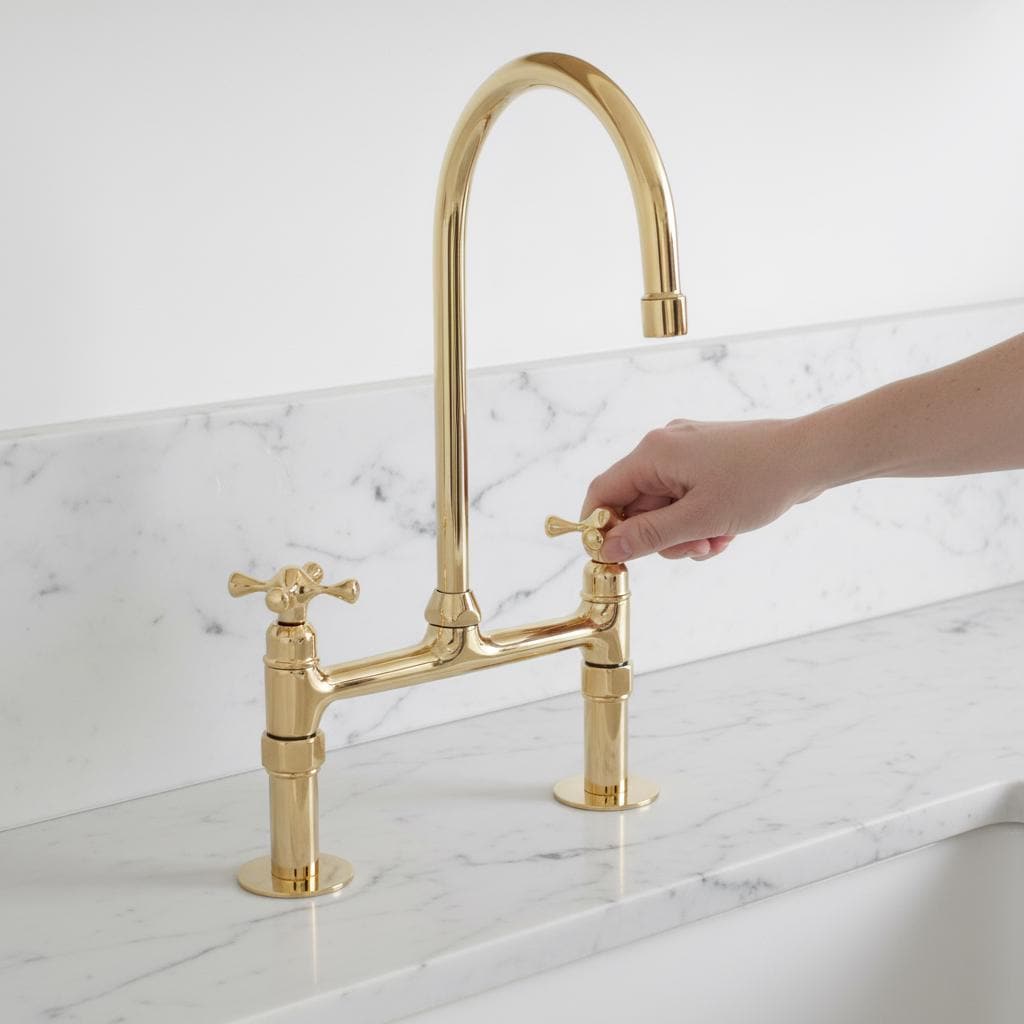 Gold kitchen faucet on a marble countertop with a hand turning the handle.