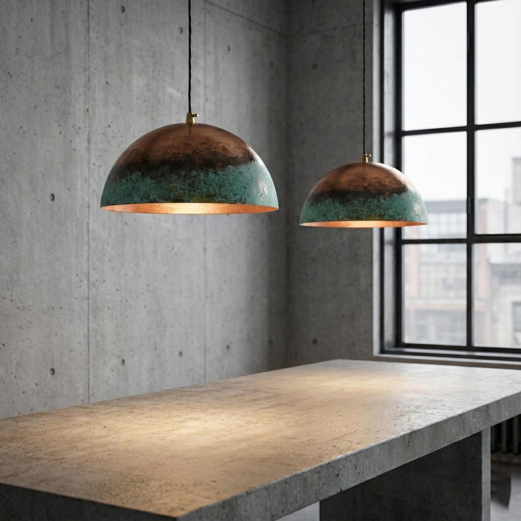 Two pendant lights hanging above a concrete table in a modern room with large windows.