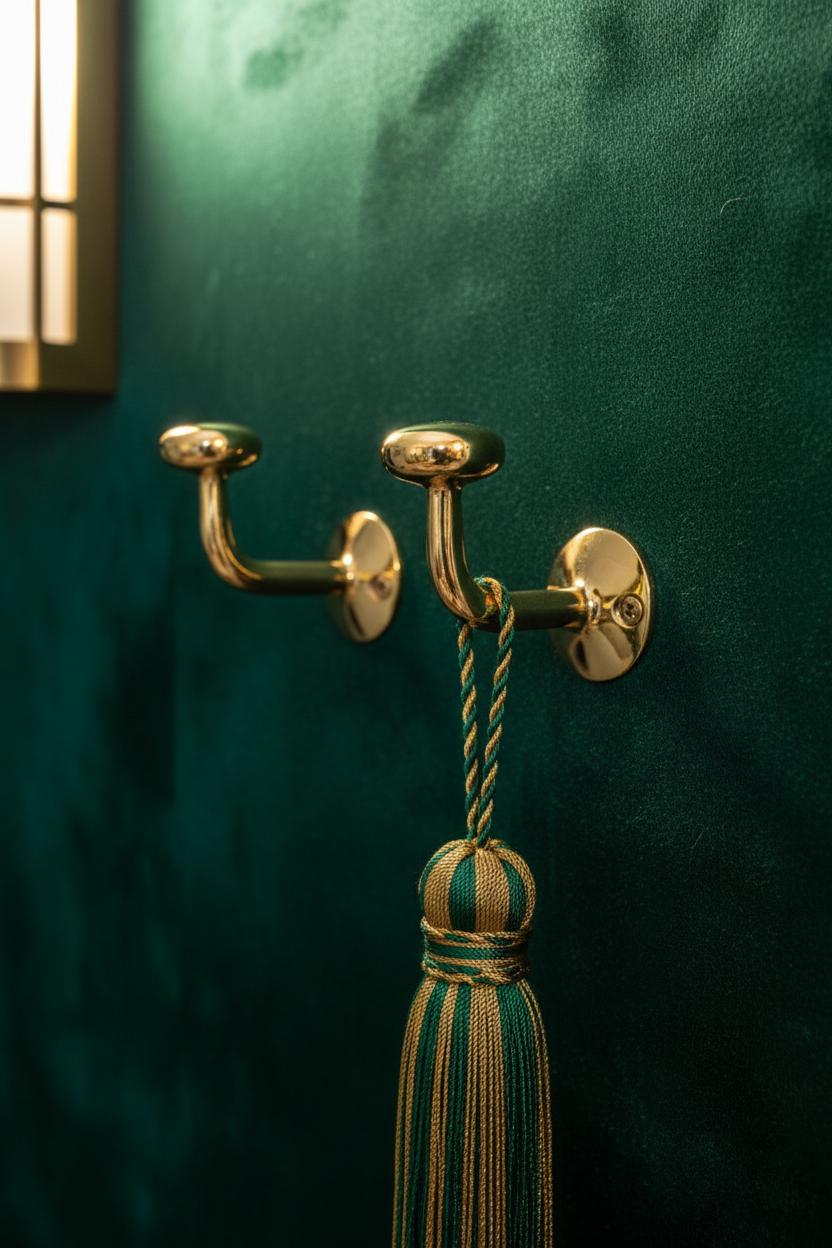 Gold wall hook with a green tassel on a green wall