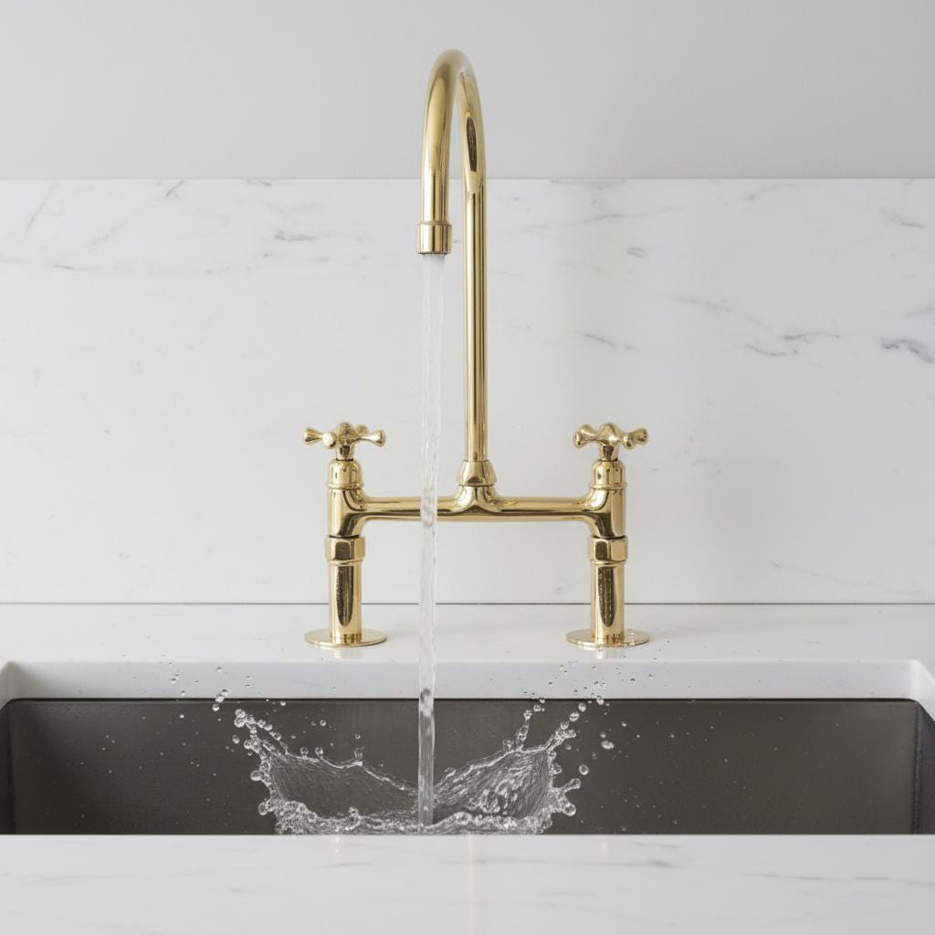 Gold kitchen faucet with water flowing into a sink against a marble wall.