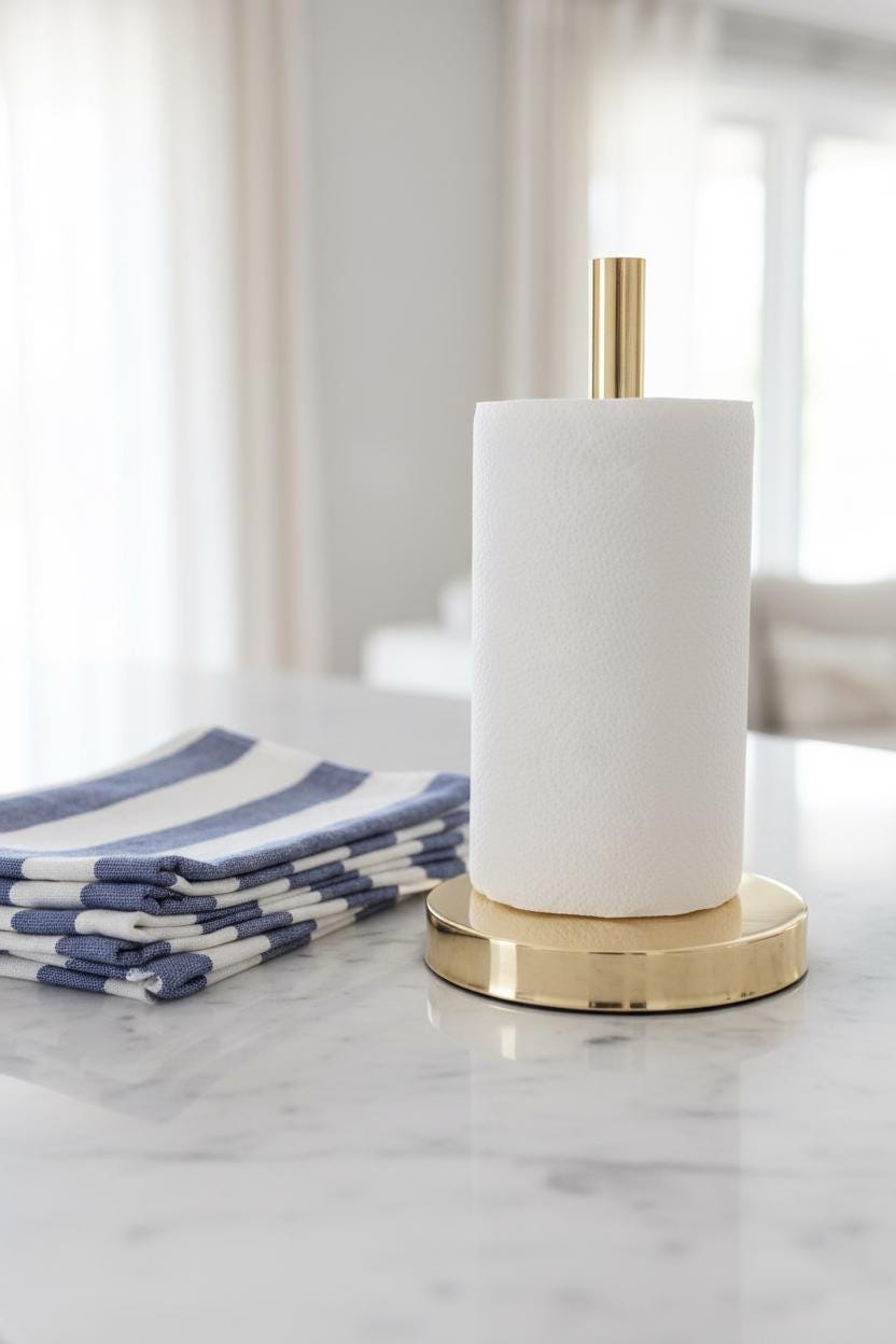White paper towel holder with gold base on a marble countertop