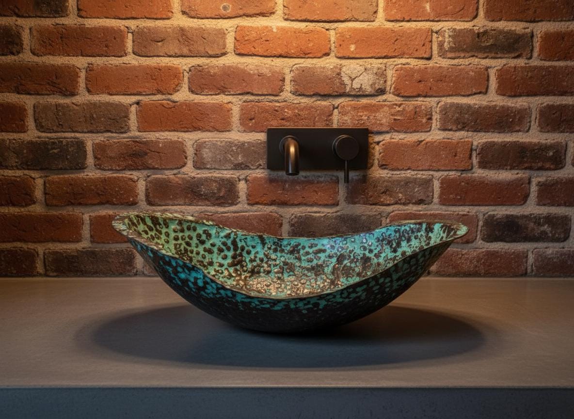 Decorative glass sink with a textured surface against a brick wall.