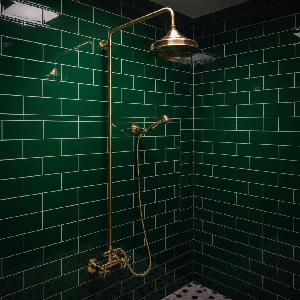 Shower setup with gold fixtures against a green tiled wall