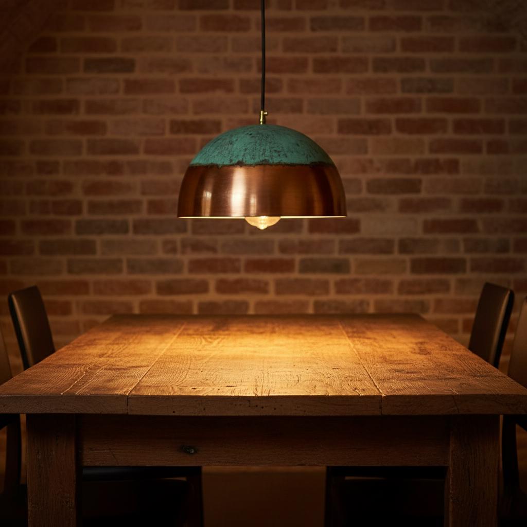 Wooden table with a pendant light against a brick wall