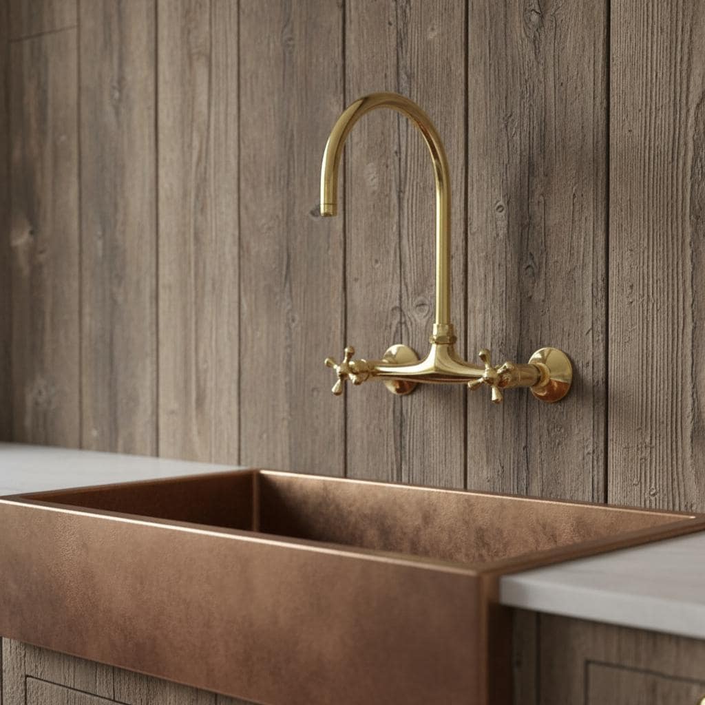 Bronze sink with gold faucet against a wooden wall