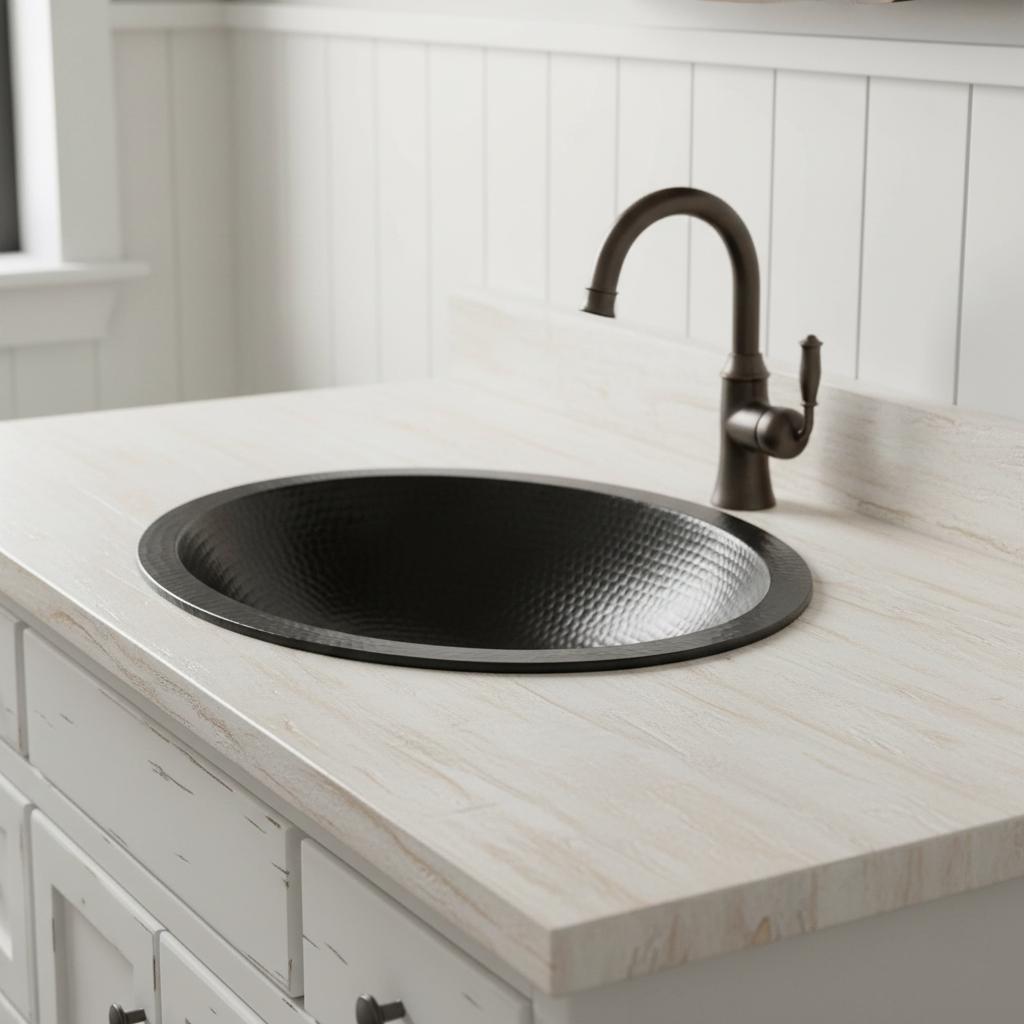 Black sink on a white countertop with a bronze faucet