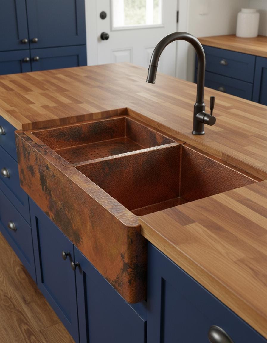 Kitchen sink with copper finish and wooden cabinets in a modern kitchen setting.