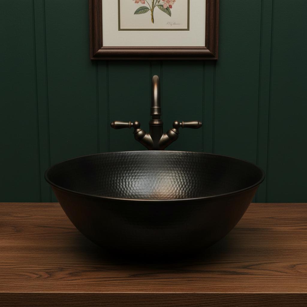 Black hammered sink with bronze faucet against a dark green wall with a framed picture.
