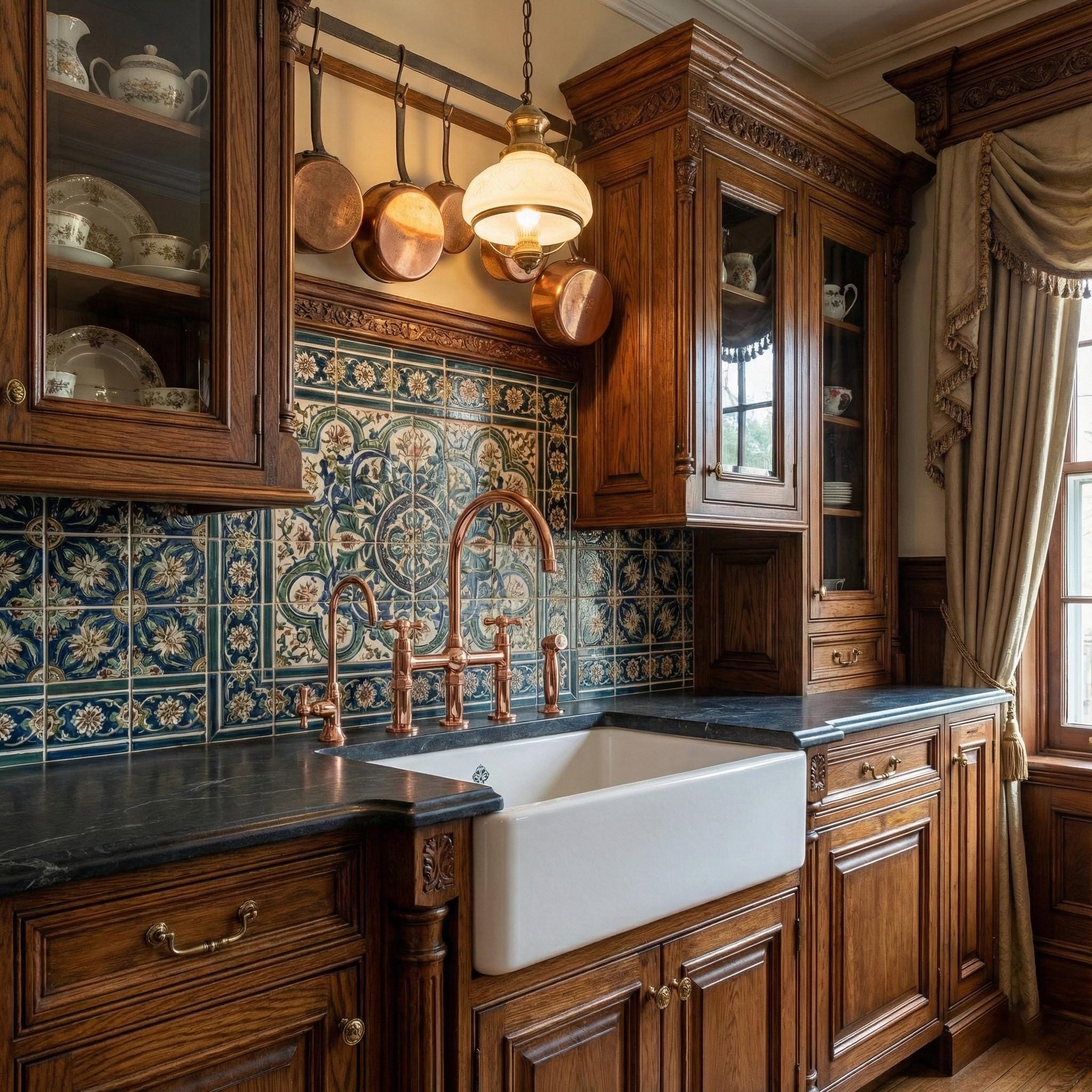 Luxurious kitchen with wooden cabinets, a white farmhouse sink, and decorative tiles.