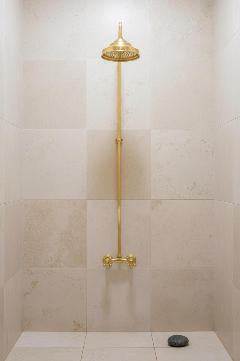 Gold shower head and fixtures mounted on a tiled wall.