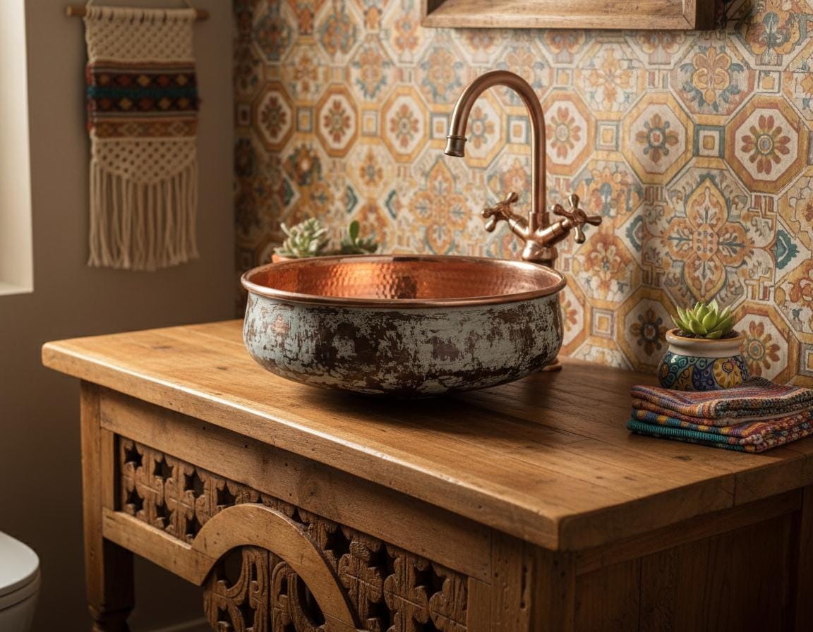 Copper sink on a wooden vanity with patterned wall tiles in the background