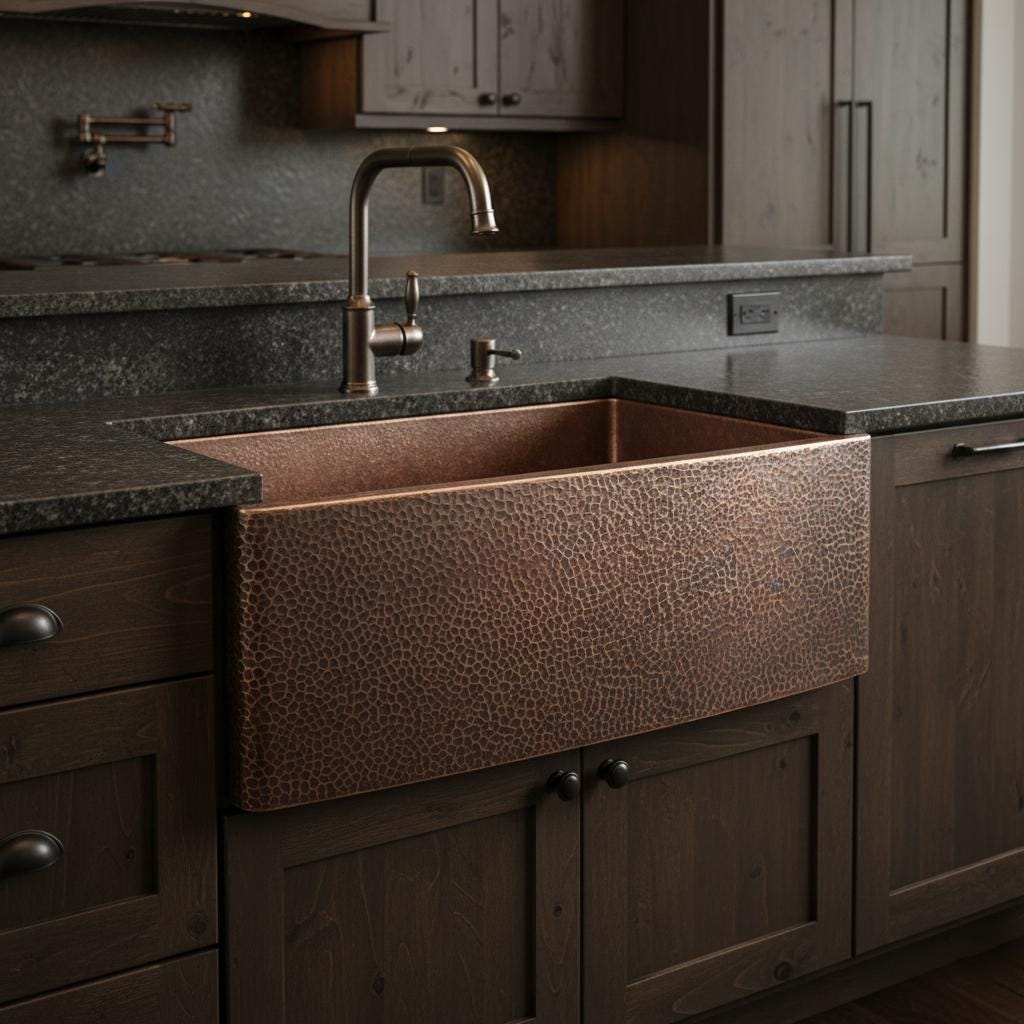 Copper farmhouse sink in a kitchen with dark wood cabinets and granite countertops.