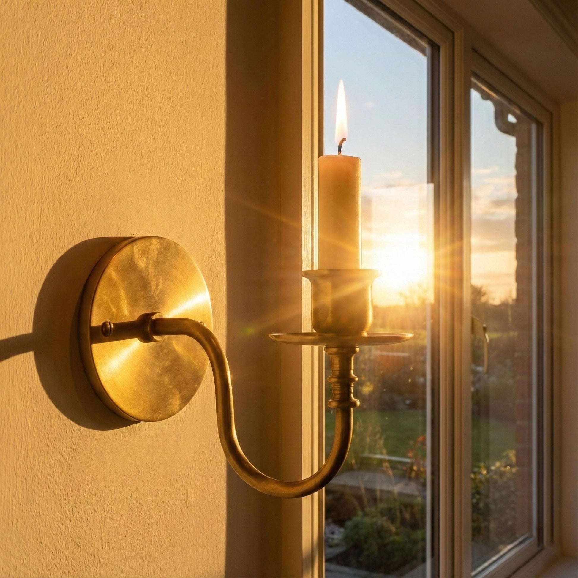 Gold wall-mounted candle holder with a candle against a window view of a sunset.