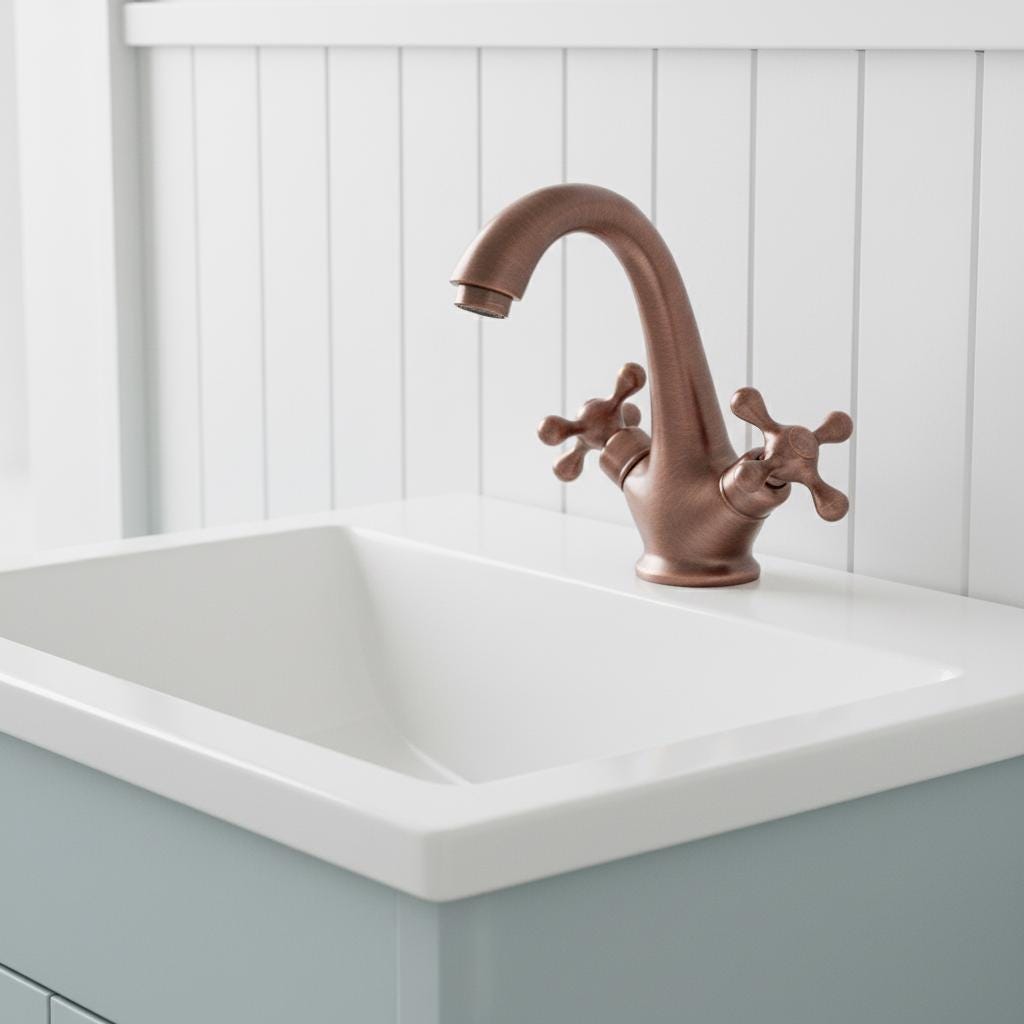 Bronze faucet on a white sink with a light gray cabinet and white wall background