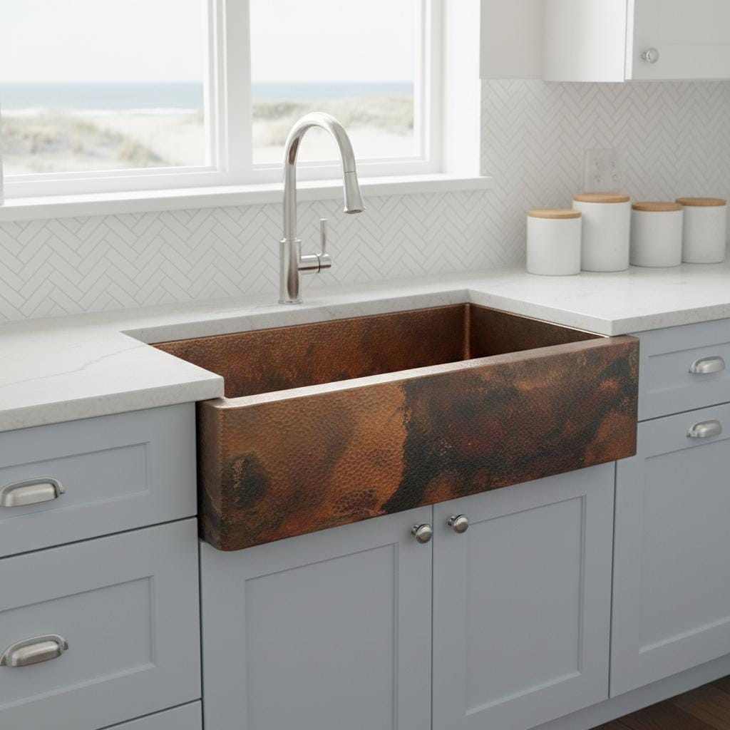 Copper farmhouse sink in a kitchen with gray cabinets and white countertops.