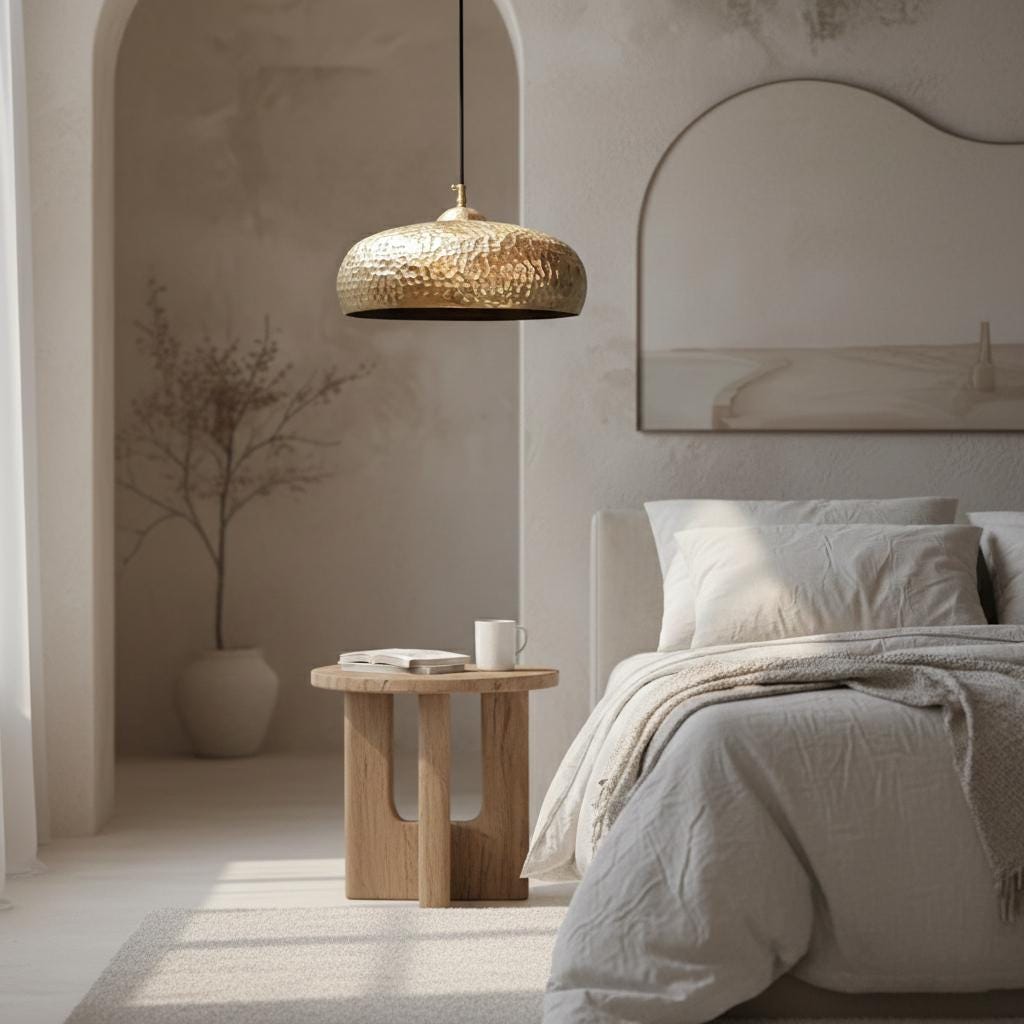 Modern bedroom with a bed, wooden side table, and pendant light.