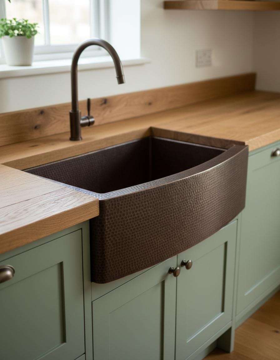 Brown farmhouse sink in a kitchen with wooden countertop and green cabinets.