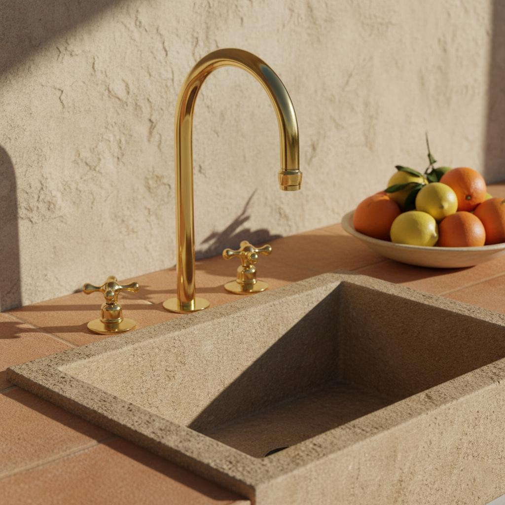 Beige kitchen sink with gold faucet and decorative elements on a stone countertop.