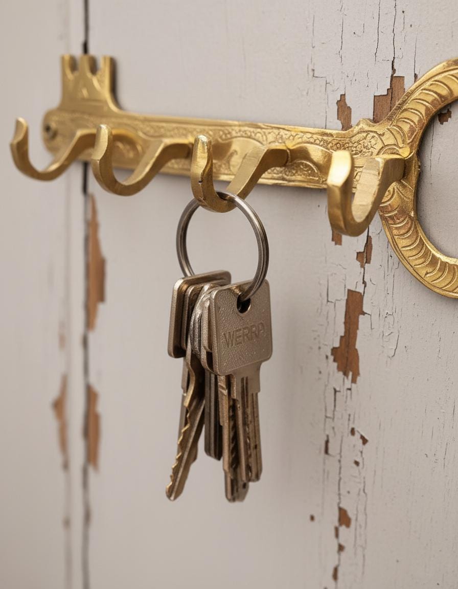 Decorative gold key holder with keys on a distressed white wall
