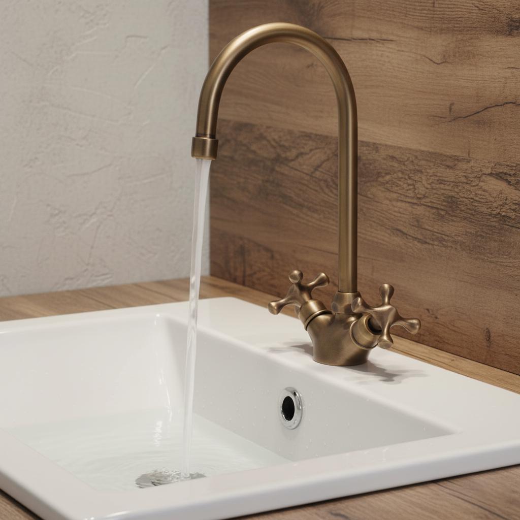 Brass faucet with water flowing into a white sink against a wooden wall.