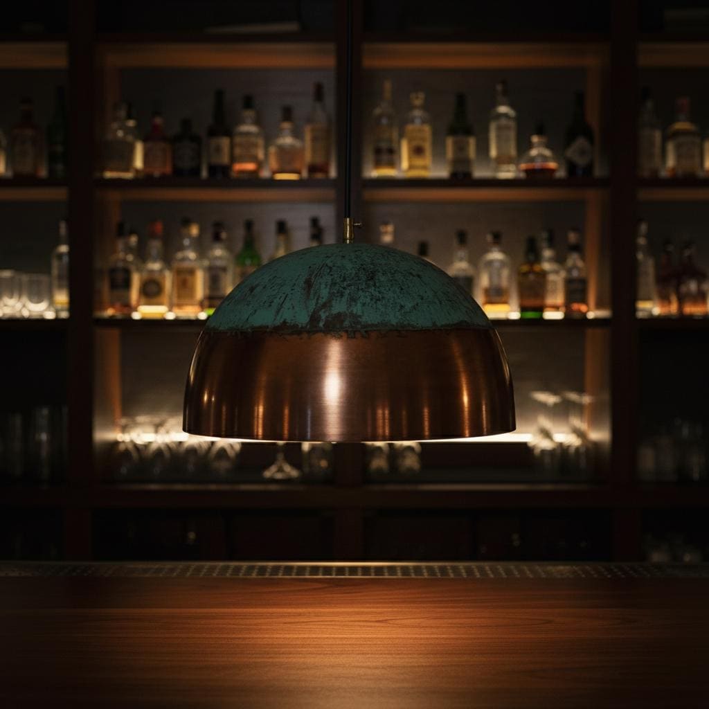 Decorative pendant light with a copper base and green shade in a bar setting.