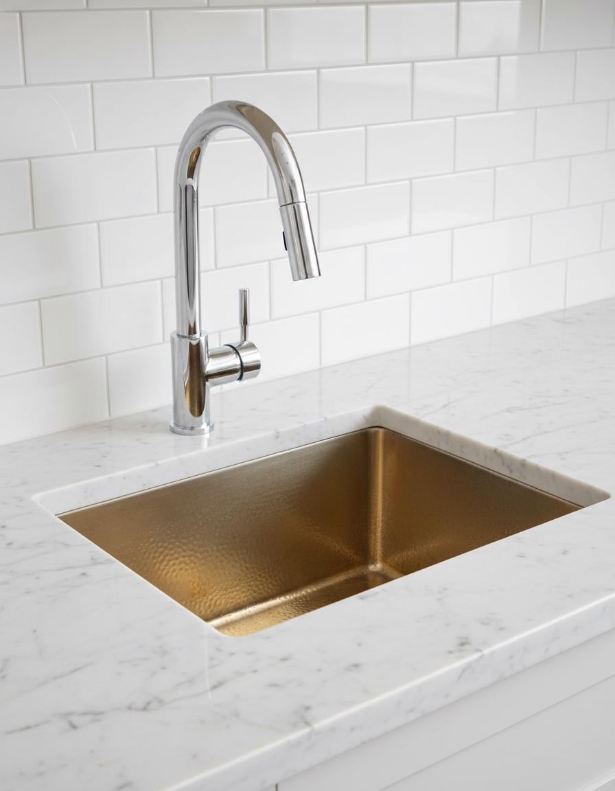 Kitchen sink with metallic finish and modern faucet against a white tiled wall.