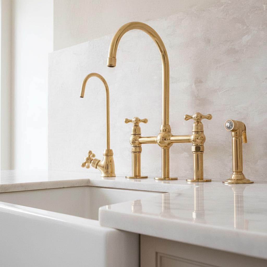 Gold faucet set on a marble countertop with a white sink.